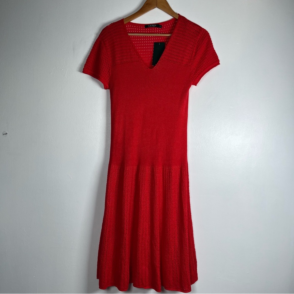 Lauren Ralph Lauren Womens Short Sleeve Crochet Knit Dress Red size Large New